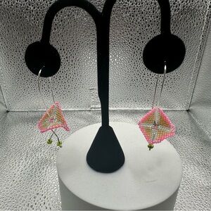 Geometric Pink and Green Beaded Earrings